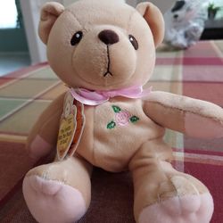 Cherished Teddies Collection ~SWEET Little Teddy Bear with Embroidered Pink Rose over her Heart & Pink Bow ~Brand New With Tags Attached 
