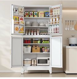 75" H Metal Storage Cabinet, Pantry with 6 Door Shelves and 4 Adjustable Shelves, Leveling Foot for Kitchen, Living Room and Dinning Room, White Brand