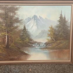 Large vintage mountain landscape oil painting on canvas signed by B. Chipton