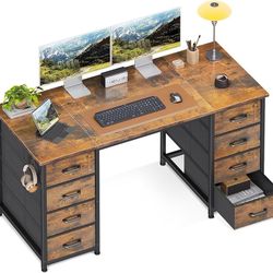 48 Inch Computer Desk with 8 Fabric Drawers, Modern Office Desk with Large Storage for Home Office, Study, Gaming, Vintage
