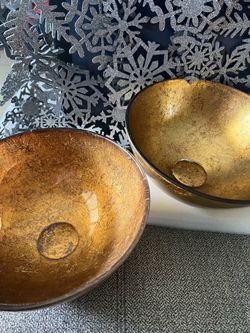 2 VTG Pier One Gold Foil Glass 10X4”Round Decorative Bowls