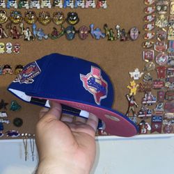 Royal Blue Texas Rangers Fitted Hat Hot Pink UV Arlington Stadium Sidepatch 
