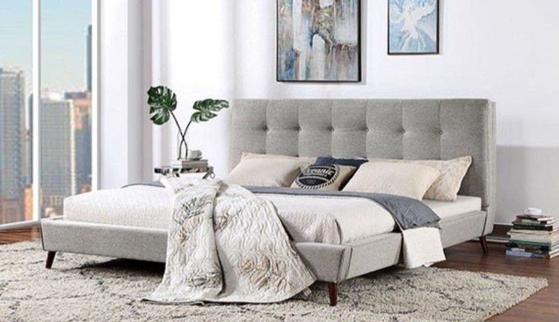Brand New Grey Modern Style Queen Platform Bed Frame (Available In California & Eastern King)