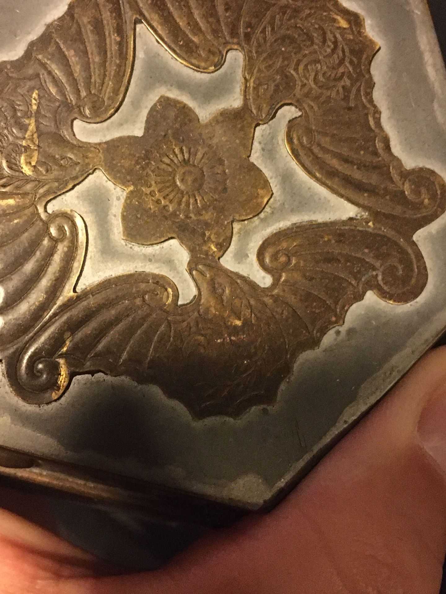 Vintage pewter/brass tea canister, bats design