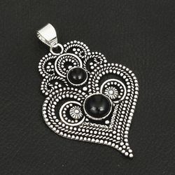 Natural Black Onyx Heart Gemstone 2.5” Silver Pendant