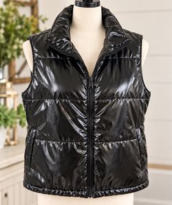 Black Glossy Puffer Vest with Zip Front