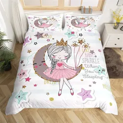 Queen Size Girl Comforter Quilt Set Cute Ballet Princess Bedding Cartoon Moon and Stars