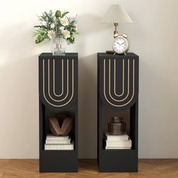 Black Bedside Table with Carved Drawer and Storage Shelf, Mid-Century Modern Slim Side End Table