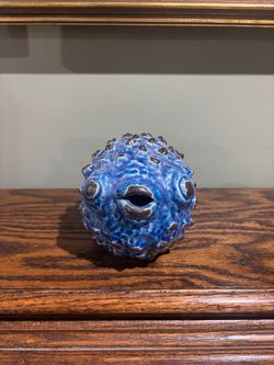 Blue Ceramic Puffer Fish Figurine
