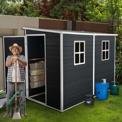 8x4ft Outdoor Resin Garden Shed with Floor and 2 Windows, Plastic Patio Outdoor Storage Shed with Lockable Door for Garden Tools, Bicycles, Trash Cans