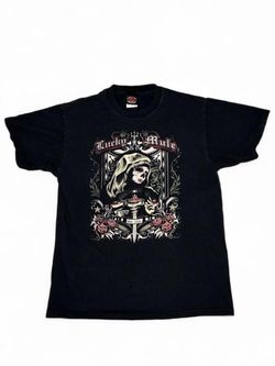 Y2K Lucky Mule Brand Medium Santa Muerte Grim Reaper Gothic Skull Tattoo Shirt Affliction Style