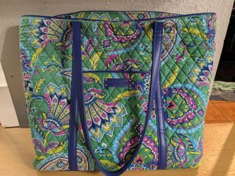 Vera Bradley Large Pleated Tote Shoulder Bag Purse Trimmed Emerald Green Paisley