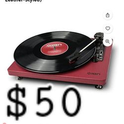 ION Audio Compact LP | Space-Efficient 3-Speed USB Conversion Turntable (Burgundy Leather-Styled)