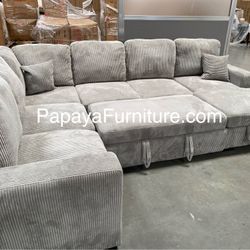 New 120”L Grey Corduroy Sectional Sofabed With USB Ports, Sectionals, Sofa, Couch, Grey Sofa, Gray Couch, Large Couch, Sectional Sofa Sleeper, Sofabed