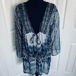 🪶 Womens Sheer Blue Swimsuit Cover Up Feather Print Cover-Up - One Size