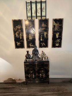 High End Asian Chest and Board set. Hand Carved and Painted