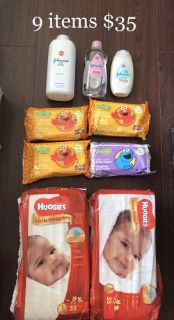 2 Diapers; 288 Sesame Street Baby Wipes (72x4); 1 Johnson Baby Powder; 1 Johnson Baby CottonTouch Lotion; 1 Johnson Baby Oil: 9 Items $35