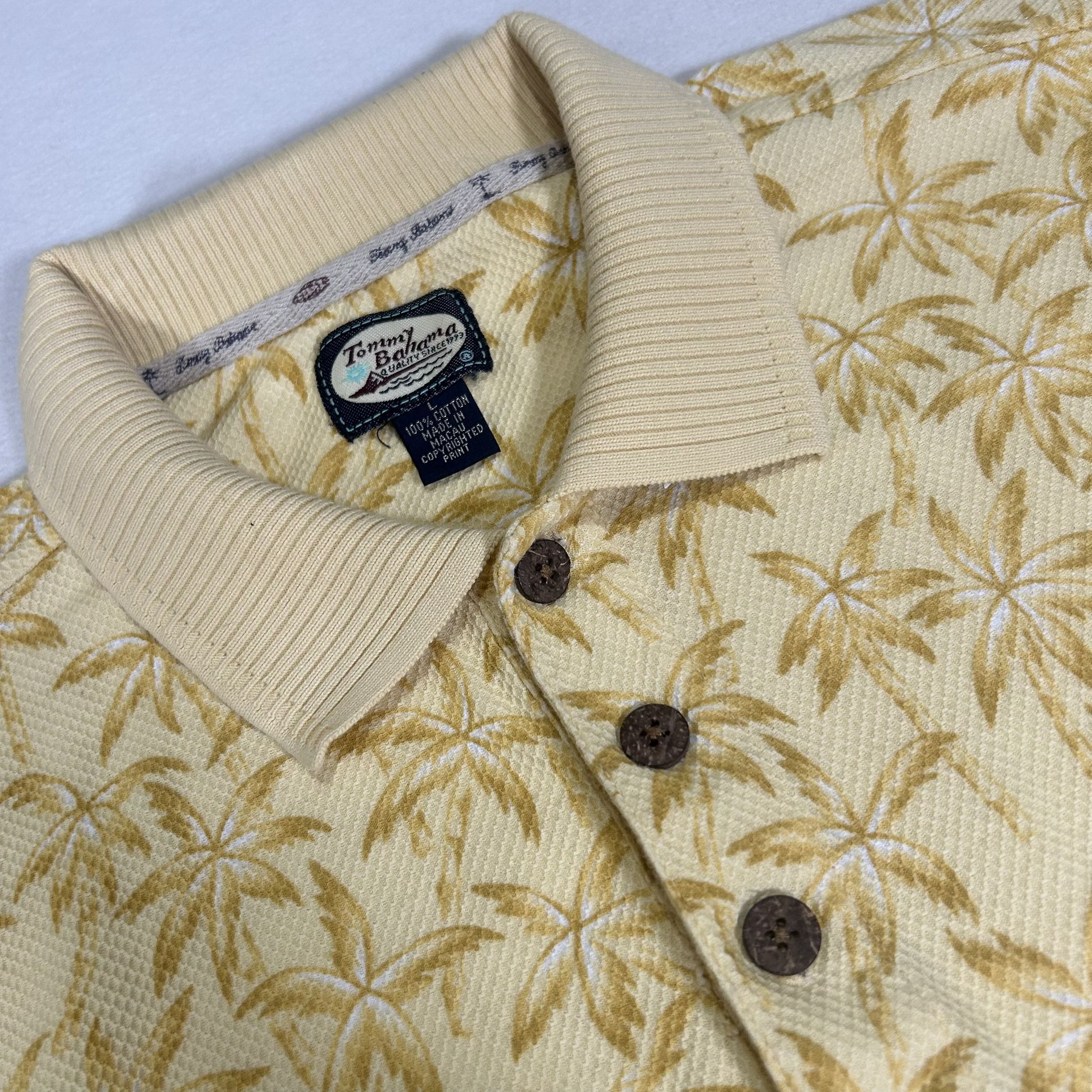 Tommy Bahama Men’s Large Yellow Hawaiian Palm Trees Short Sleeve Polo Shirt