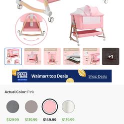 Pink Baby Bassinet with Changing Top & Storage on Wheels