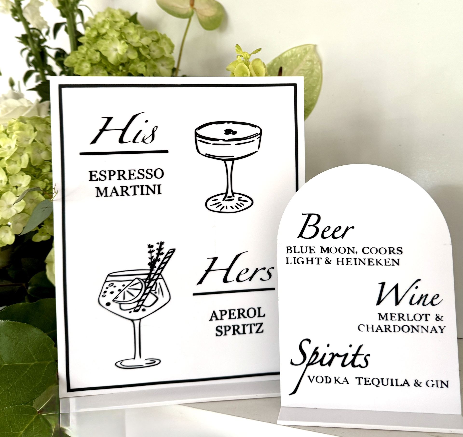 Wedding White Acrylic Beverage Signs | Signature Drink Menu. 