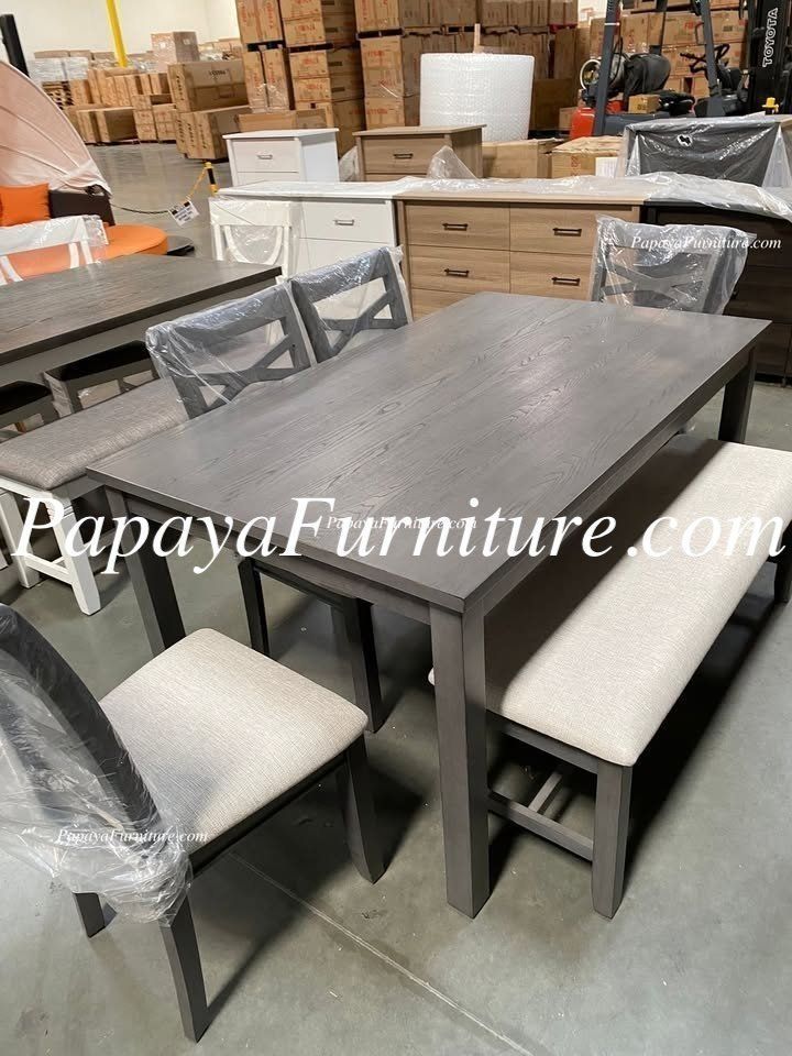 NEW 6 Piece Dining Room Table and Chair Bench Set Grey Wood Kitchen Big Furniture Warehouse SALE Upholstered cushion Discount 6-Piece 6pc Set Casual