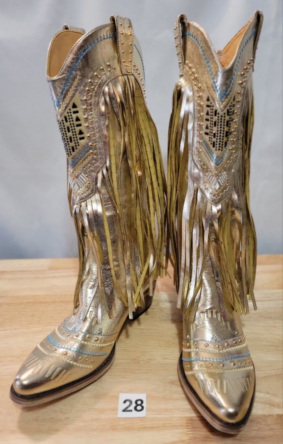 NEW Gold Fringe Cowboy Boots, Size 8 (28)