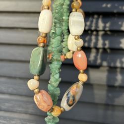 Vintage Lot 2 Necklaces Moonstone moss agate, carnelian, Jade Natural Healing Quartz Jewelry Stones 