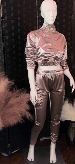 Women’s Rose-Gold Satin 2-Piece Tracksuit Set