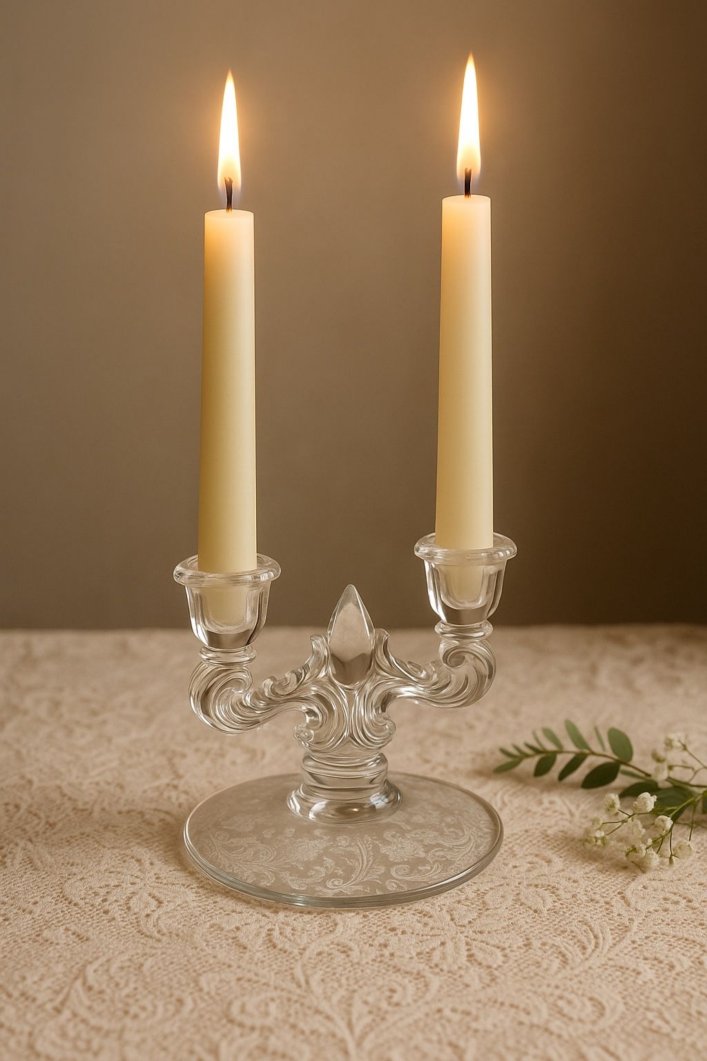 New Martinsville USA 1930s Florentine Etched Double Candle Holder, 7 x 5 in
