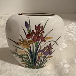 vintage Japanese porcelain vase featuring a hand-painted iris floral design with gold trim.