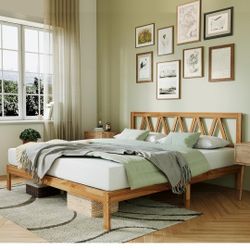 Novilla 12 Inch Solid Wooden King Size Bed Frame King Bed Frames with Headboard BedFrame Foundation No Box Spring Needed, Easy Assembly, Natural