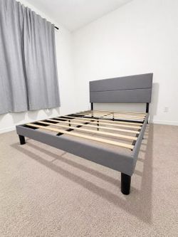Like New! QUEEN platform bed. Light grey. $50 only.