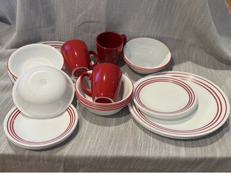 Huge Lot 27 Pc RUBY RED Correlle Vitrelle Dishes Dinner Dessert Plates Cereal Soup Bowls Mugs