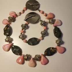 Pink & Gray Stone Handmade Necklace With Bracelet & Earrings