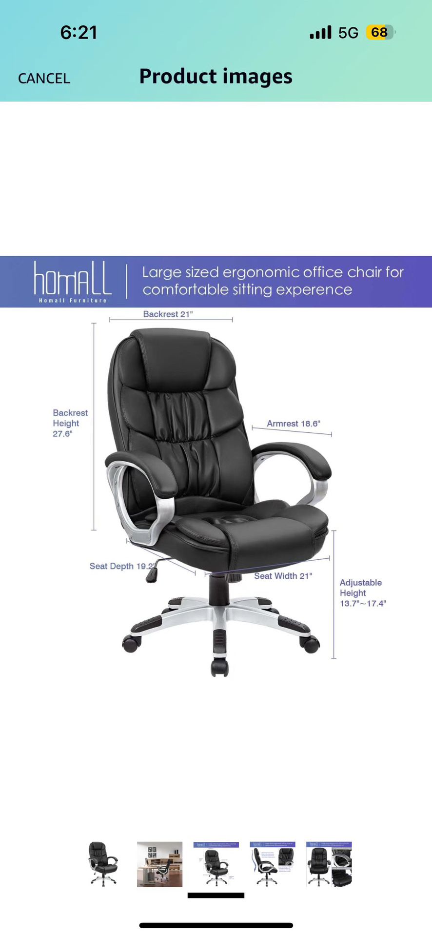 Office Chair High Back Computer Desk Chair, PU Leather Adjustable Height Modern Executive Swivel Task Chair with Padded Armrests and Lumbar Support (B