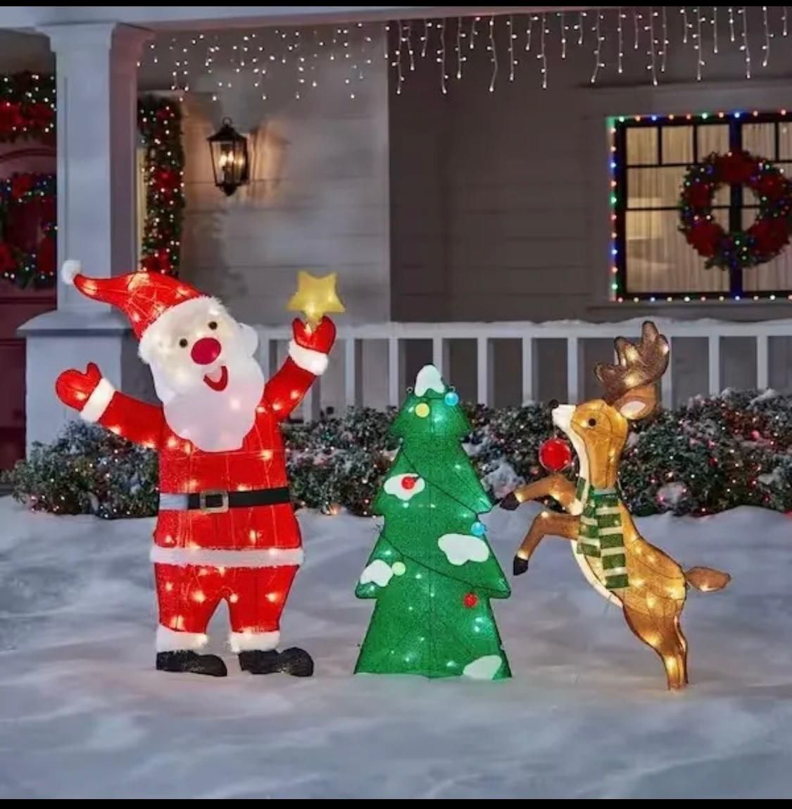 NEW Home Accents Holiday 3-Piece LED Santa, Deer, and Tree Christmas Yard Decor
