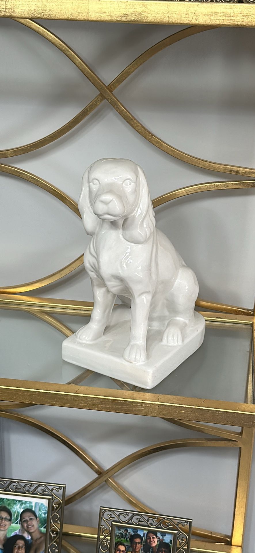 white ceramic deco Resin Sculpture home figurine dog. H11in W5in D 8.5in