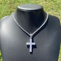 14k White Gold Plated Iced Cross Pendant With Rope Chain Men's Women's