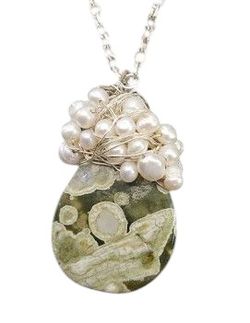 Moss Pendant with Wire Wrapped Fresh Water Pearls