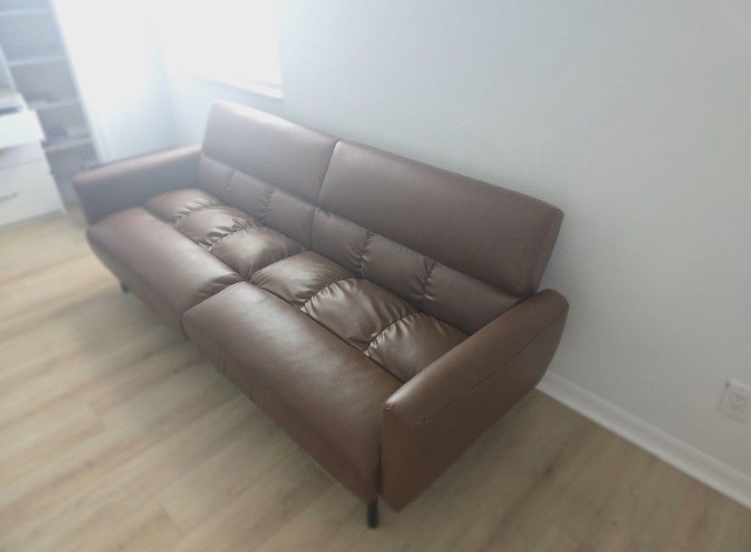 Brown Faux Leather Futon Sofa Bed with Box Tufting