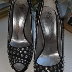 GIUSEPPE ZANOTTI BLACK SATIN CRYSTAL PEEP TOE PLATFORM HEELS