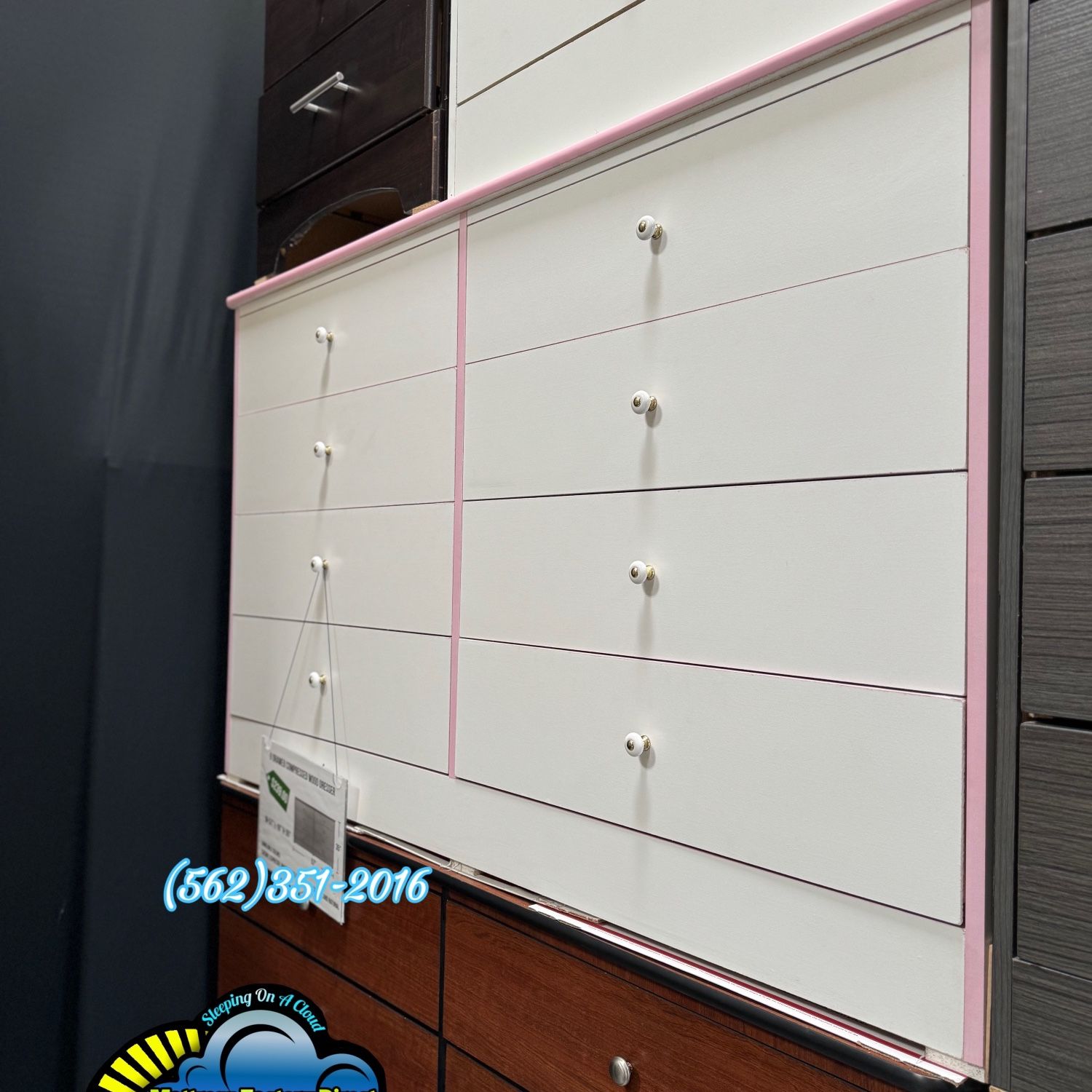 New White Wooden 8 Drawer Dresser With Pink Trim Fully Assembled 