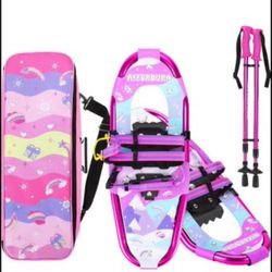 Brandnew Kids Snowshoes for Kids Pattern Design for Stylish Look Snowshoes for Kids Lightweight Aluminum Youth Snowshoes with Poles and Storage Bag
