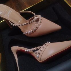 Christian Louboutin tatoosh spikes 70 leather mule pumps tan