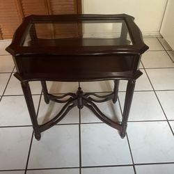 Glass Top Curio Table - Cherry Wood Finish