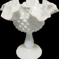 Vintage Fenton Hobnail White Milk Glass Ruffled Pedestal Bowl/Candy Dish 6". 