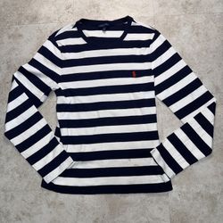  Ralph Lauren Blue And White Striped Long Sleeve 100% Cotton  Women XL (stain)