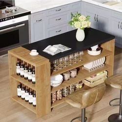 New assembled NY293 55" Kitchen Island with Storage, Farmhouse 5-Tier Stationary Island Table, Wood Coffee Bar Tabl with Large Countertop for Kitchen