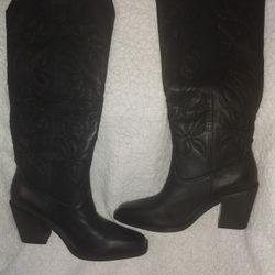 ISNOM Black Western Boots For Women Knee High