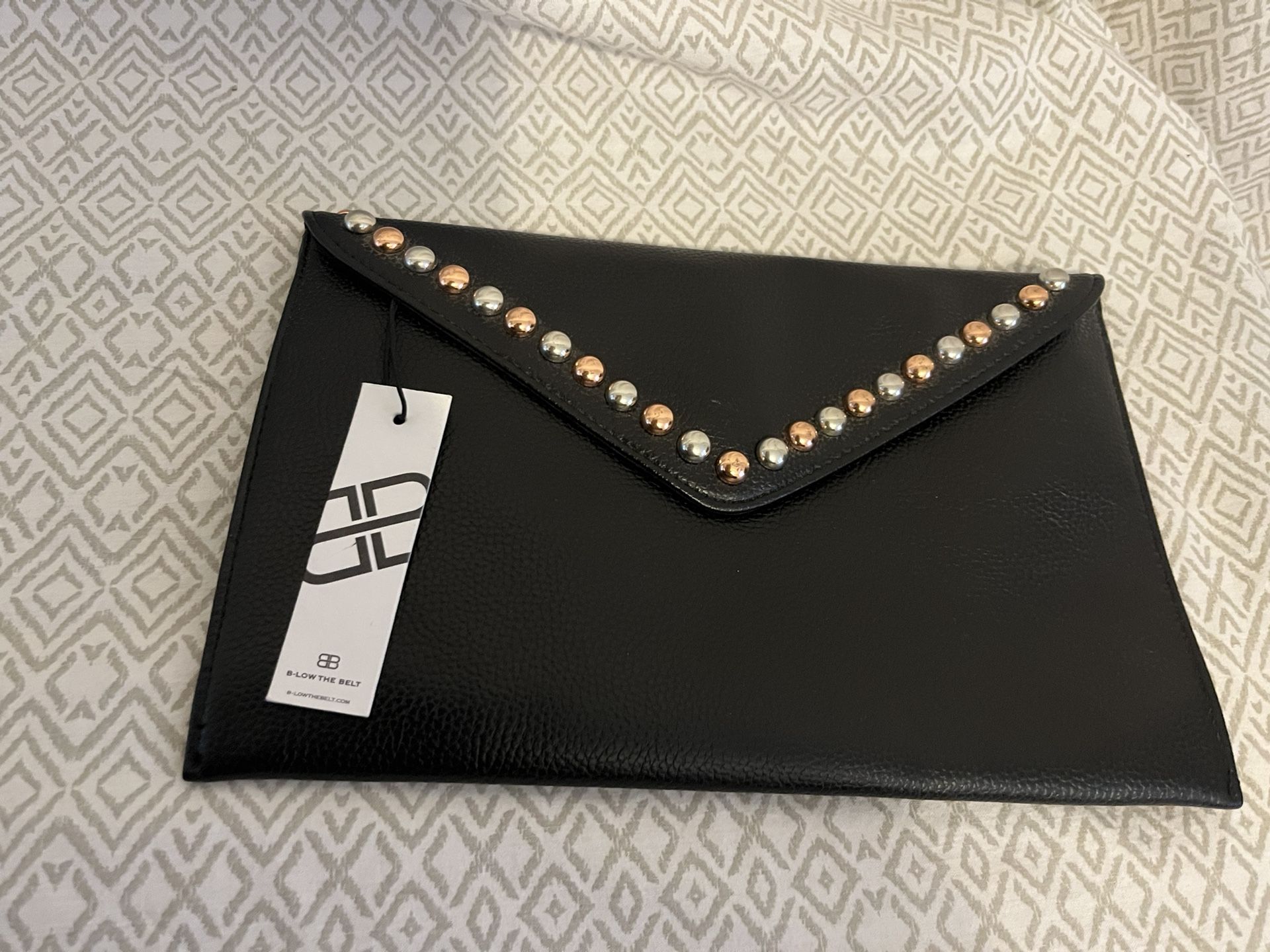 NWT B-Low The Belt Black Studded Vegan Pebbled Leather Clutch Bag 